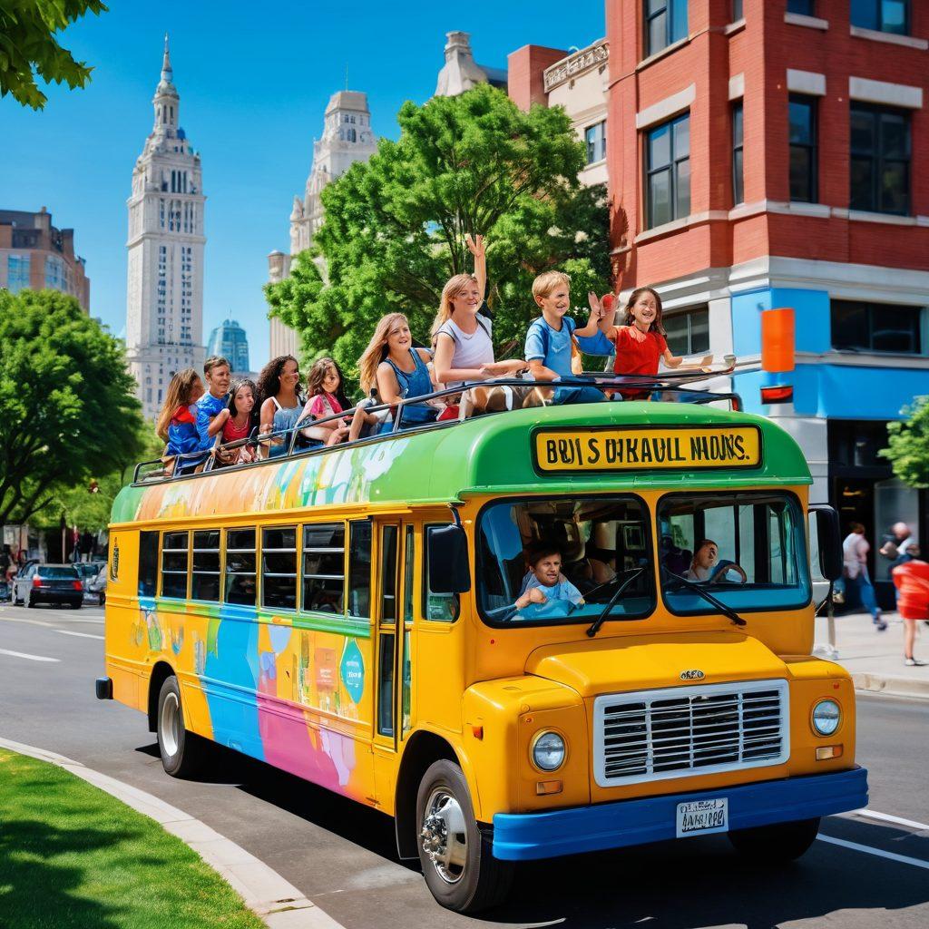 A cheerful family boarding a colorful bus, filled with excitement for their affordable adventure. The scene showcases a vibrant city backdrop with landmarks, green trees, and smiling children holding travel maps. The bus is adorned with playful graphics, symbolizing fun trips. Bright, sunny weather adds to the joyous atmosphere. super-realistic. vibrant colors. family-friendly.