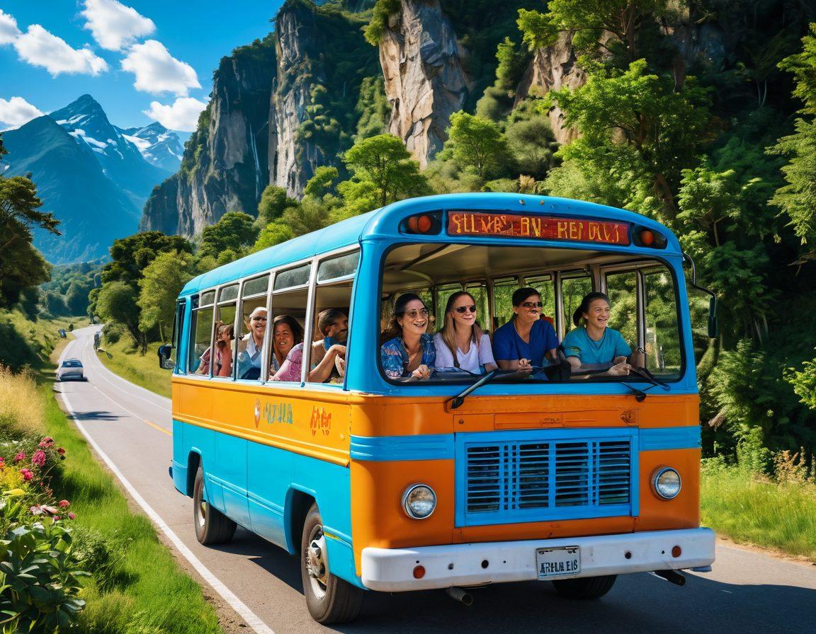 A vibrant, cheerful bus filled with a diverse group of excited travelers, passing scenic landscapes under a bright blue sky. The bus windows are open, with colorful souvenirs waving in the breeze and smiles radiating from the passengers. Lush greenery, mountains, and landmarks can be seen in the background, capturing the essence of adventure. The overall mood is joyful and adventurous, inviting viewers to experience the magic of travel. super-realistic. vibrant colors. 3D.
