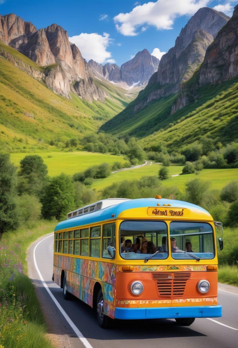 A colorful bus adorned with cheerful patterns driving through a picturesque landscape filled with happy travelers enjoying the journey. Include bright blue skies, scenic mountains, and playful wildlife in the background. Capture the joy and excitement of group camaraderie with laughter and smiles. vibrant colors. whimsical style.
